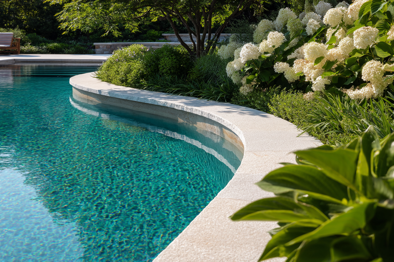 Outdoor living space with patio, fire feature and pool